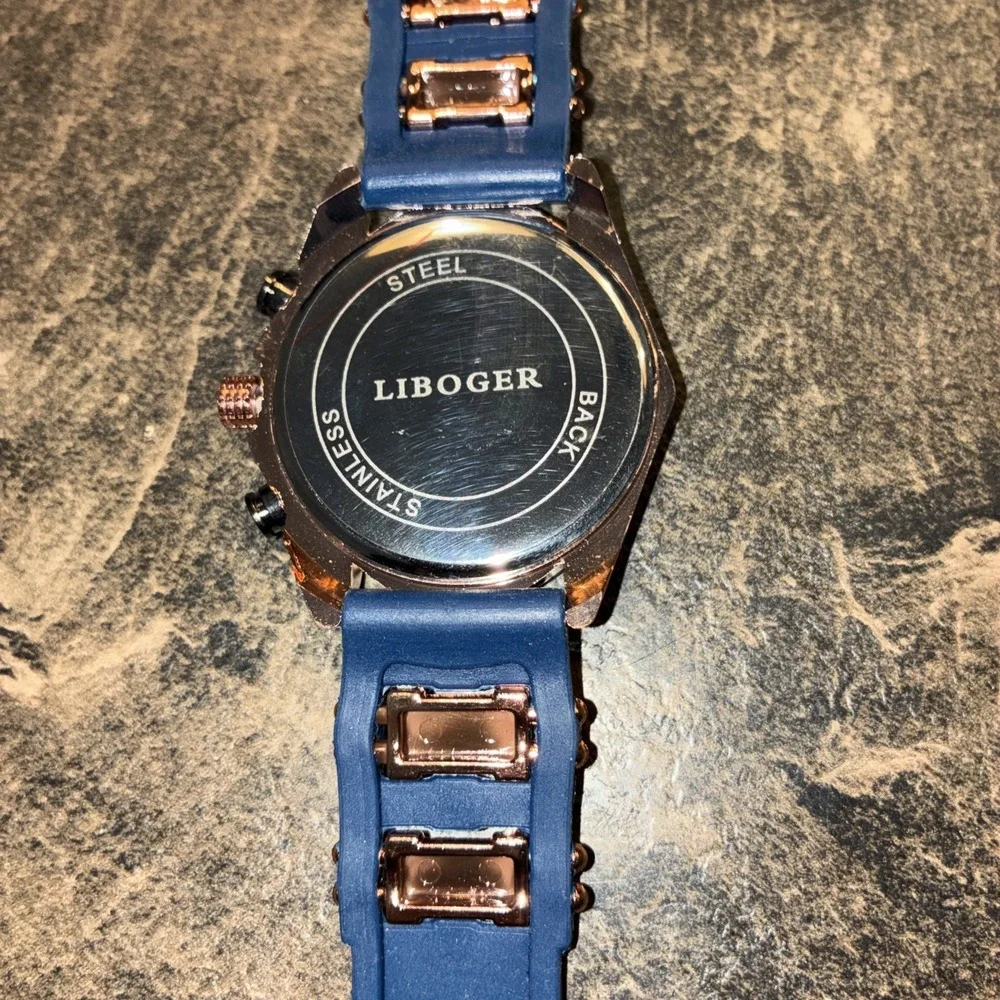 LIBOGER Asymmetrical Chronograph Wristwatch Blue Gold Silicone Date Tachymeter